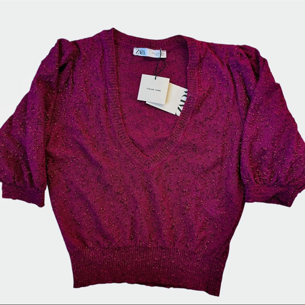 ZARA Magenta Metallic Cropped Knit Top Italian Yarn NWT Size S